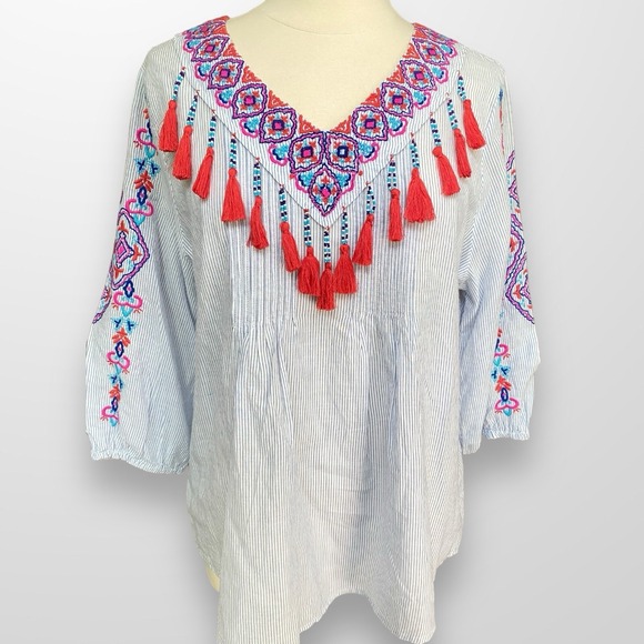 Chico's‎ Size 2 Large Top Tunic Blouse Embroidered Beaded Tassels Pleated 3/4 Sl - Picture 5 of 7